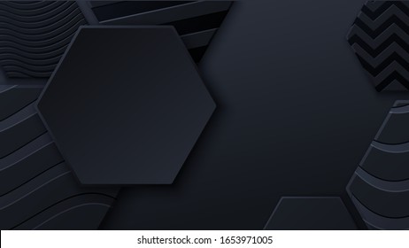 Black honeycomb tiles. Hexagon geometry pattern. Minimal black background of honeycomb for modern cover, ad baner, web
