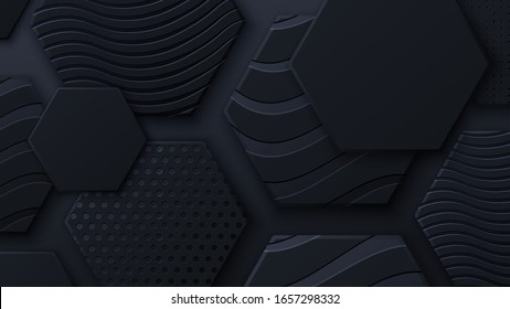 Black Honeycomb Tiles. Hexagon Geometry Pattern. Minimal Black Background Of Honeycomb For Modern Cover, Ad Baner, Web