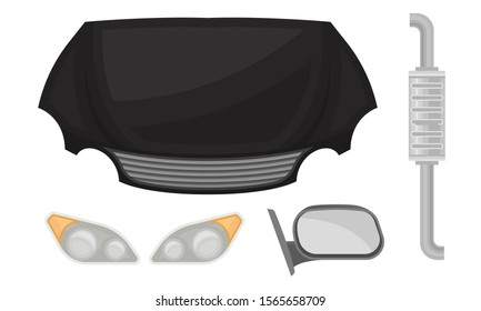 Black hood and other auto parts. Vector illustration on a white background.