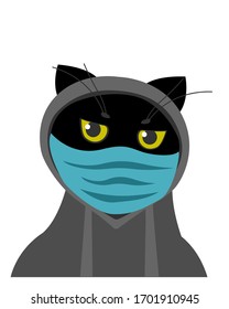 black hooded cat in medical mask. cartoon vector illustration of animals in clothing