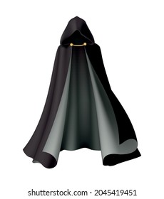 Black hooded cloak with golden detail for halloween costume realistic vector illustration