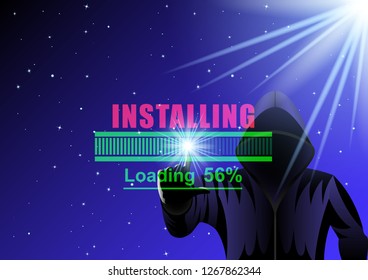 Black hooded man, hacker and Loading bar on a night starry sky digital background. Cyber security, information privacy, data protection, Internet hacking. Vector Illustration