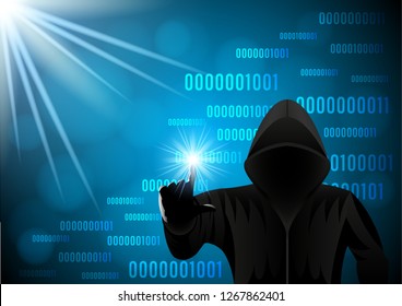 Black hooded man, hacker on a digital blue Binary matrix background. Cyber security, information privacy, data protection, Internet hacking. Vector Illustration