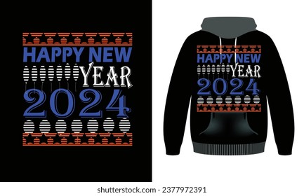 Black hoodie design, happy new year 2024 text design, template