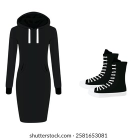 Black hoodie dress and boots. vector illustration