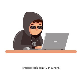 Black Hoodie Hacker Trying To Cyber Attack On Laptop Vector Illustration