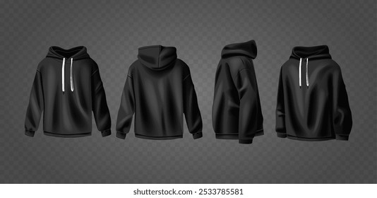 Black Hoodie Mockup Design With Multiple Angles Showing Front And Back Sides Isolated on Transparent Background