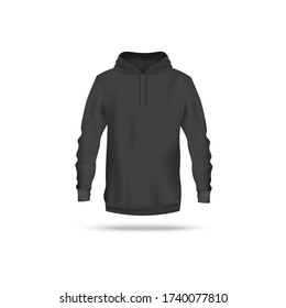 Black hoodie sweater mockup from front view - realistic long sleeve shirt design template with hood for sport apparel merchandise. Isolated vector illustration.