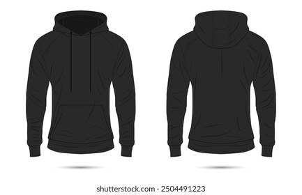 Black hoodie sweater mockup front and back view. Vector illustration