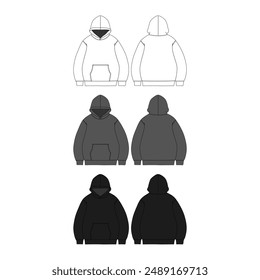 Black Hoodie Technical Fashion Illustration Vector Black Hoodie Mockup Template Front and Back  Hoodie Flat Sketch Technical Drawing Vector Illustration Unisex Blank Black Hoodie CAD Mock-up
