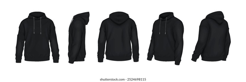 Black hoodies with logo mockup realistic vector illustration set. Sportswear of cotton fabric with copyspace 3d models on white background