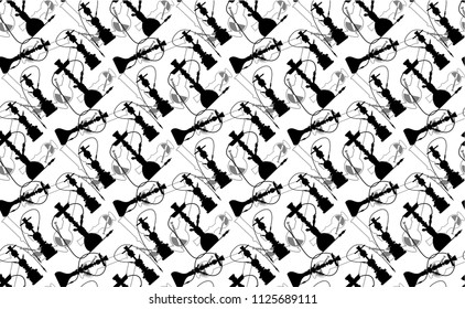  black  hookah seamless pattern. Cannabis marijuana hemp leaf in white color Vector Illustration background.