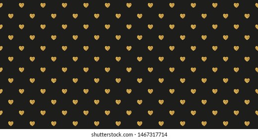 Black horizontal background with golden glitter small polka hearts.