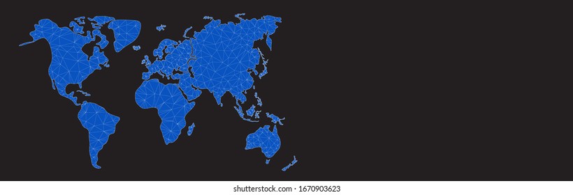 Black horizontal banner. Polygonal world map. Triangular pattern of continents. Geometric trendy triangle style. World map with nodes connected by lines. International logistics or business concept.