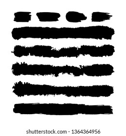 Black horizontal brush stroke stripes. Dirty distress texture banners. Ink splatters. Elements for design of flyers, postcards, covers.