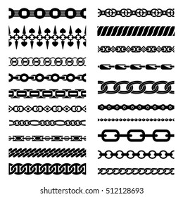 Black horizontal chains collection with links of different shapes and connections isolated vector illustration 