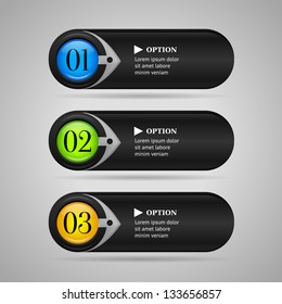 Black horizontal colorful options banners/buttons with arrow. Vector template