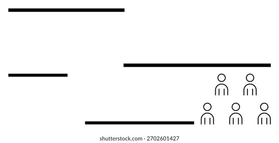 Linhas horizontais pretas e grupo de 5 figuras humanas simples no canto inferior direito. Ideal para temas polegares acima organização, planejamento, estrutura de equipe, minimalismo, simplicidade, hierarquia