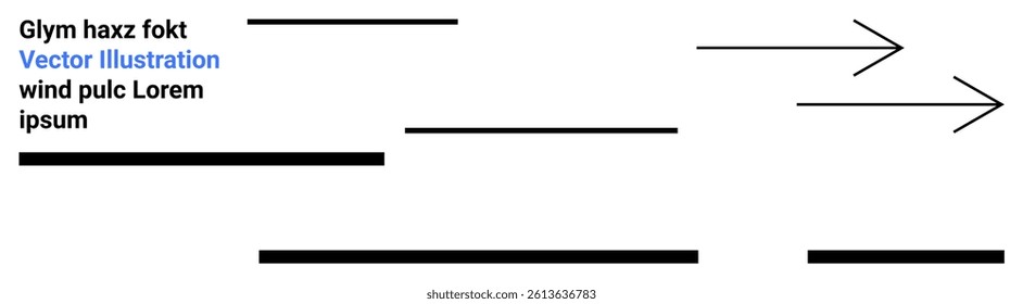 Black horizontal lines of varying lengths, two black arrows pointing right, and placeholder text. Ideal for design concepts, presentations, website headers, data visualization, infographics, user