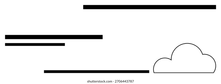 Black horizontal lines of varying lengths and a single cloud outline. Ideal for abstract art, minimalism, weather graphics, presentations, web design, modern decor, educational purposes. Line