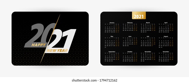 Black horizontal pocket calendar 2021, week starts on Monday. Vector illustration