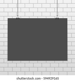 Black horizontal poster mock up on white brick wall. Empty dark A4 sized vector sheet of paper hanging with paper clips. Realistic style. Show your flyers, brochures, headlines etc. EPS10.