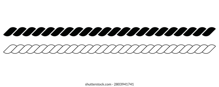 Black horizontal rope. Braided cord straight band divider element.  decorative nautical interlace ornament. image showcasing two horizontal rows