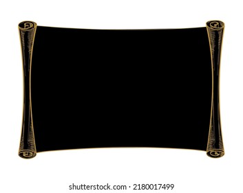 Black horizontal scroll with gold outline, ancient scroll shape with copy space for text, vector line drawing, engraving. Hand drawn illustration for vintage design, banner, boho letter.