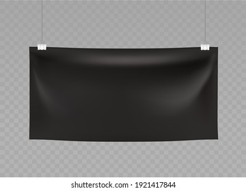 Black Horizontal Textile Banner hanging on binder clips and ropes. Vector 3d realistic Mockup. Horizontal wrinkled Poster. Blank template on transparent background.Awning, Textiles, PVC, Vinyl, Nylon.