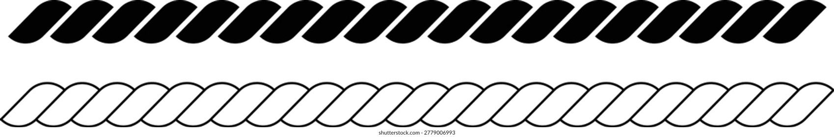 Black horizontal twisted rope border line vector design. Braided cord straight band divider element illustration. Nautical textured graphic for marine and decorative use.
