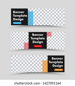 Black horizontal web banner vector template with place for photo and colored rectangles transparent design elements. A set of standard size for advertising.