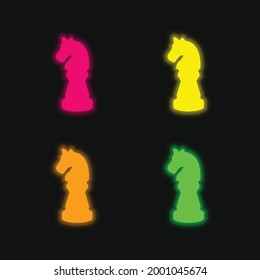 Black Horse Chess Piece Shape four color glowing neon vector icon