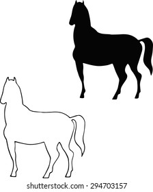 Black horse and its contour. Horse stands still. The vector of the contours of the horse.