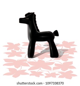 Black horse. Dark textures. Vector. Russian toy. Not icon. White background. Pink flowers.