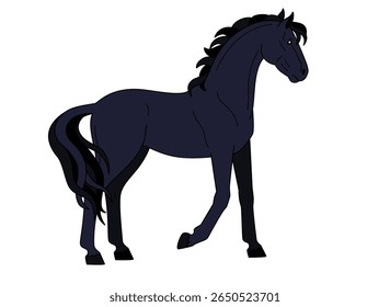 Black horse, domestic animal symbol of 2026 - vector full-color picture. Stallion is a thoroughbred graceful animal with a long tail.
