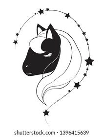 The black horse head, fantastic black unicorn, the picture on clothes