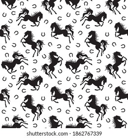 Black horse and horseshoe silhouette seamless pattern. Vector illustration.