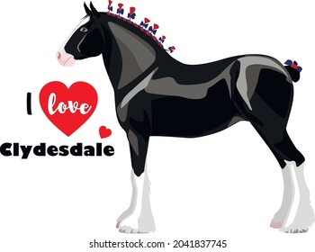 Schwarzes Pferd mit Aufschrift: Ich liebe Clydesdale. Vektorgrafik