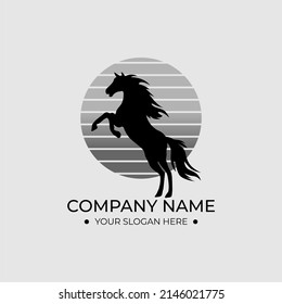Black horse logo template design with sun circle