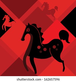 a black horse on a red rhombus background