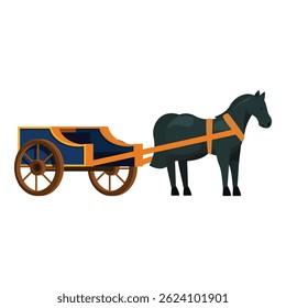 Cavalo negro pacientemente esperando, amarrado a uma carroça de madeira azul e dourada, isolado em um fundo branco