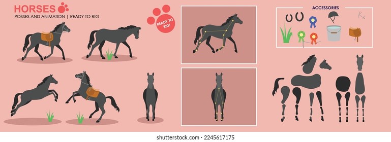 Caballo negro listo para animarse con múltiples accesorios de poses. Archivo vector etiquetado listo para la manipulación. Caballo, salto a caballo, caballos jugando. Caballo ensillado