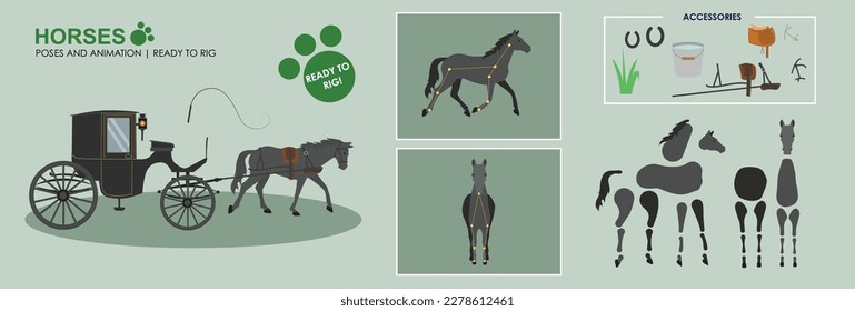 Black Horse ready to animate with multiple poses accessories. Horse drawn carriage, vintage coach, Vector file labeled ready to rig. 
