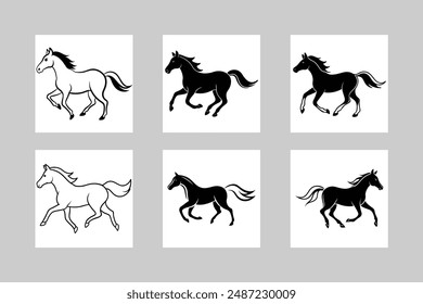 Black horse is running with silhouette vector line art