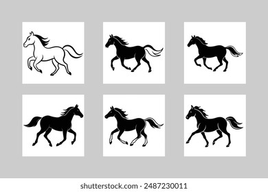 Black horse is running with silhouette vector line art