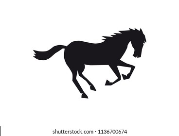 Black horse silhouette isolated on white background, happy animal jumping and running, single creature