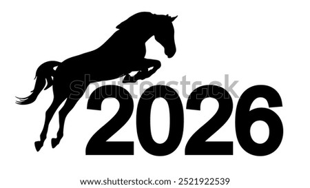 Black horse silhouette jumping over 2026 year. Vector illustration