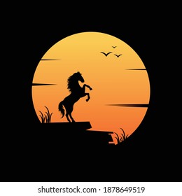 Black horse silhouette logo on sunset background