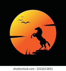 Black horse silhouette logo on sunset background