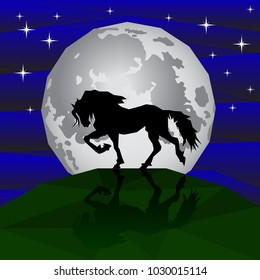Black horse silhouette on the background of a large moon with night sky and stars. Vector drawing with low polygon elements.